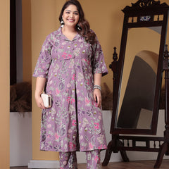 Plus Size Women's Floral Printed Rayon Kurta Pant Set (CSNAINAPURPLEPLUS)