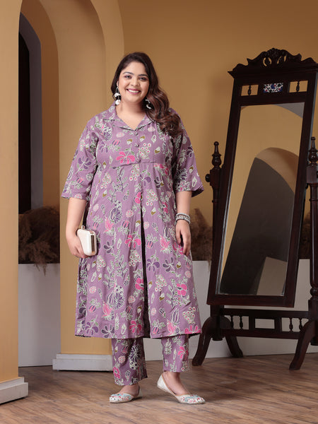 Plus Size Women's Floral Printed Rayon Kurta Pant Set (CSNAINAPURPLEPLUS)