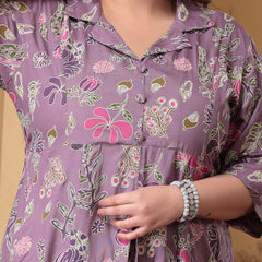 Plus Size Women's Floral Printed Rayon Kurta Pant Set (CSNAINAPURPLEPLUS)