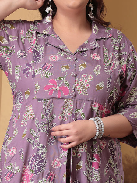 Plus Size Women's Floral Printed Rayon Kurta Pant Set (CSNAINAPURPLEPLUS)
