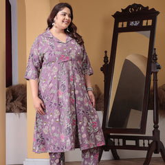 Plus Size Women's Floral Printed Rayon Kurta Pant Set (CSNAINAPURPLEPLUS)
