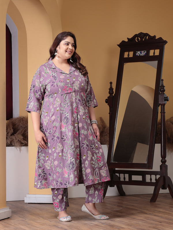 Plus Size Women's Floral Printed Rayon Kurta Pant Set (CSNAINAPURPLEPLUS)