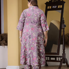 Plus Size Women's Floral Printed Rayon Kurta Pant Set (CSNAINAPURPLEPLUS)
