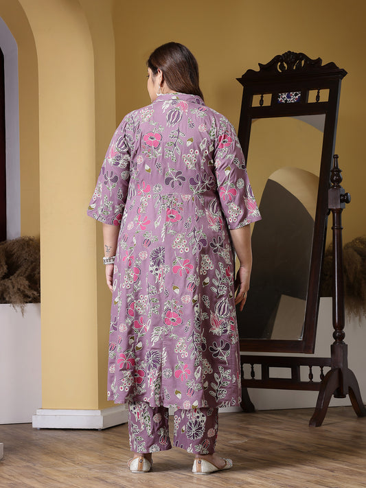 Plus Size Women's Floral Printed Rayon Kurta Pant Set (CSNAINAPURPLEPLUS)