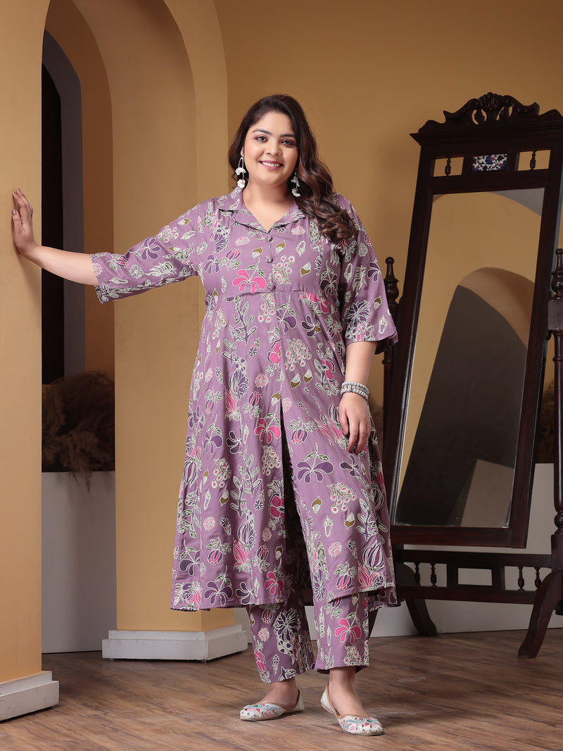 Plus Size Women's Floral Printed Rayon Kurta Pant Set (CSNAINAPURPLEPLUS)