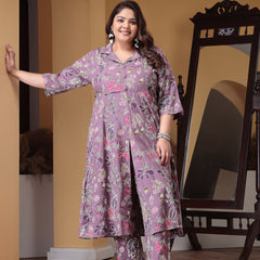 Plus Size Women's Floral Printed Rayon Kurta Pant Set (CSNAINAPURPLEPLUS)