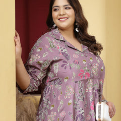 Plus Size Women's Floral Printed Rayon Kurta Pant Set (CSNAINAPURPLEPLUS)