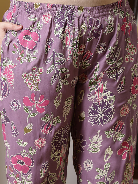 Plus Size Women's Floral Printed Rayon Kurta Pant Set (CSNAINAPURPLEPLUS)