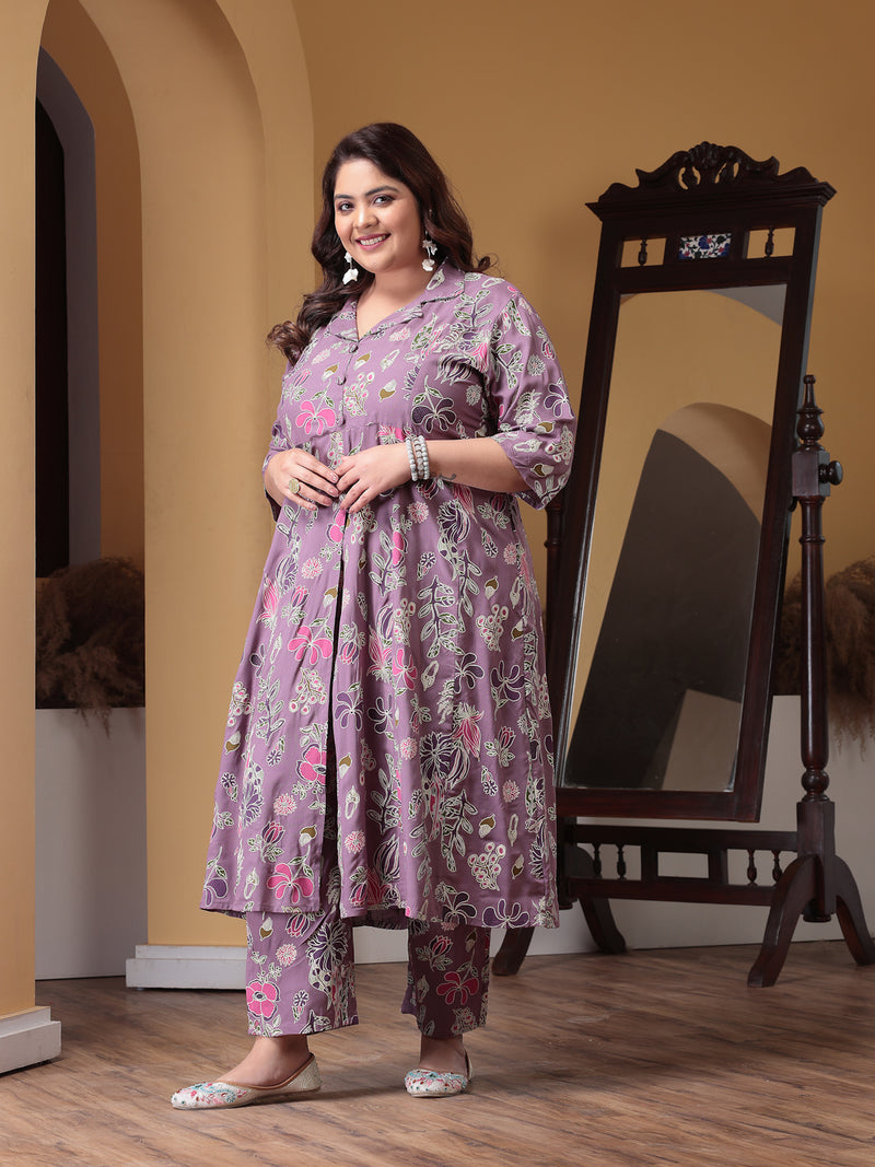 Plus Size Women's Floral Printed Rayon Kurta Pant Set (CSNAINAPURPLEPLUS)