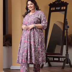 Plus Size Women's Floral Printed Rayon Kurta Pant Set (CSNAINAPURPLEPLUS)