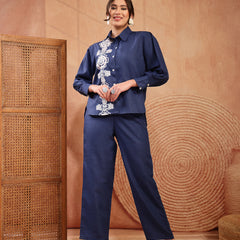 Stylum Women's Navy Solid & Embroidered Cotton Blend Co-Ord Set (CSNAVYAKIRA)