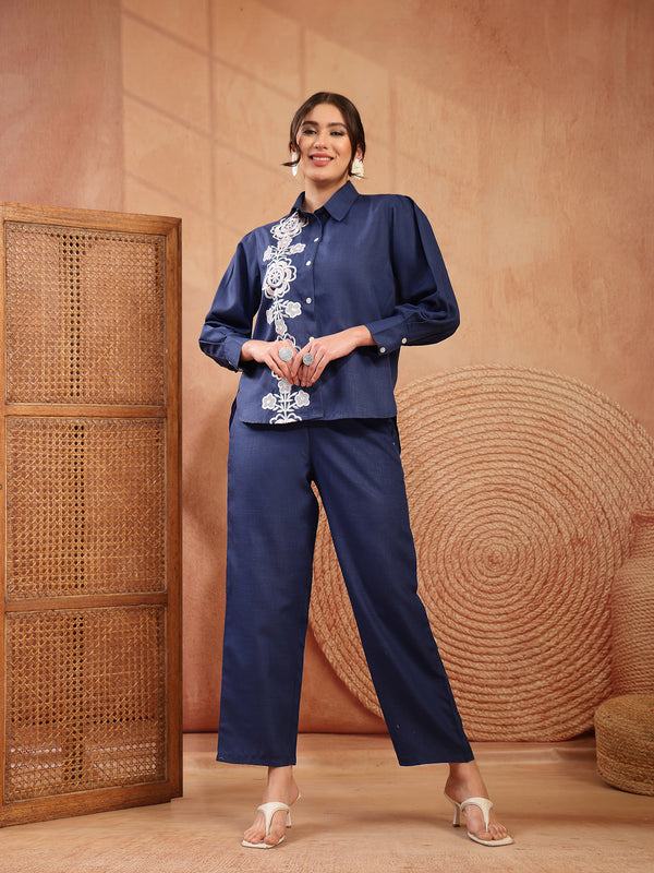 Stylum Women's Navy Solid & Embroidered Cotton Blend Co-Ord Set (CSNAVYAKIRA)