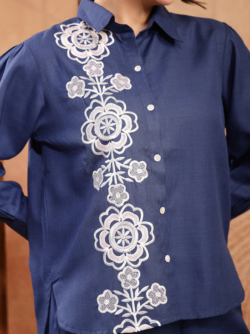 Stylum Women's Navy Solid & Embroidered Cotton Blend Co-Ord Set (CSNAVYAKIRA)