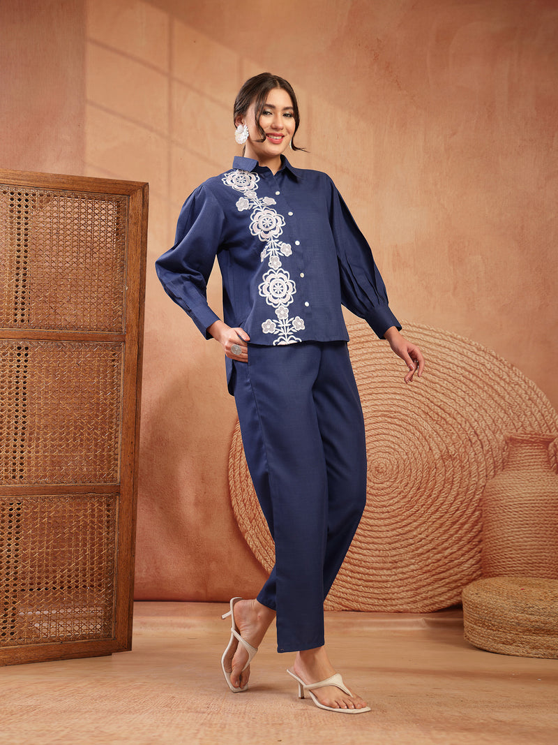 Stylum Women's Navy Solid & Embroidered Cotton Blend Co-Ord Set (CSNAVYAKIRA)