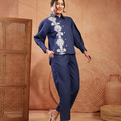 Stylum Women's Navy Solid & Embroidered Cotton Blend Co-Ord Set (CSNAVYAKIRA)