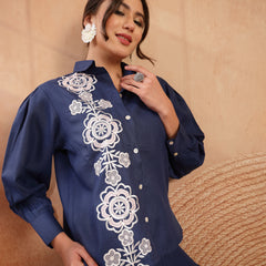 Stylum Women's Navy Solid & Embroidered Cotton Blend Co-Ord Set (CSNAVYAKIRA)