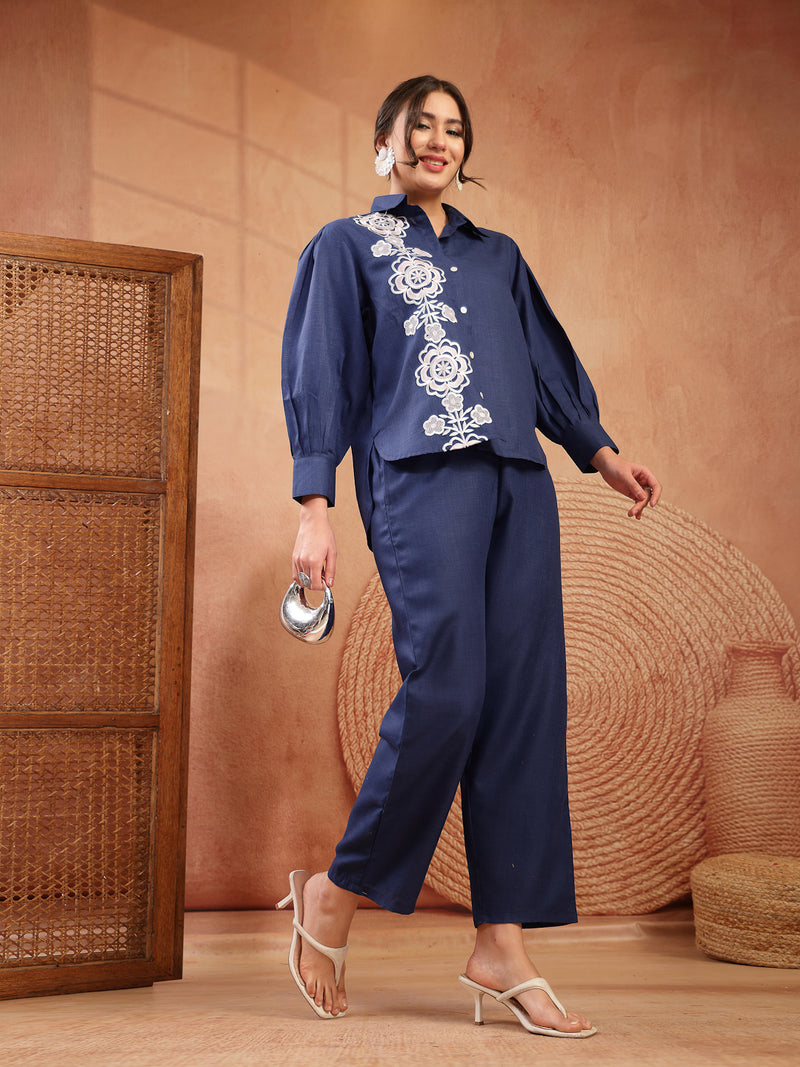 Stylum Women's Navy Solid & Embroidered Cotton Blend Co-Ord Set (CSNAVYAKIRA)