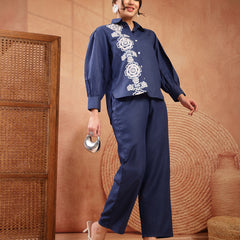 Stylum Women's Navy Solid & Embroidered Cotton Blend Co-Ord Set (CSNAVYAKIRA)