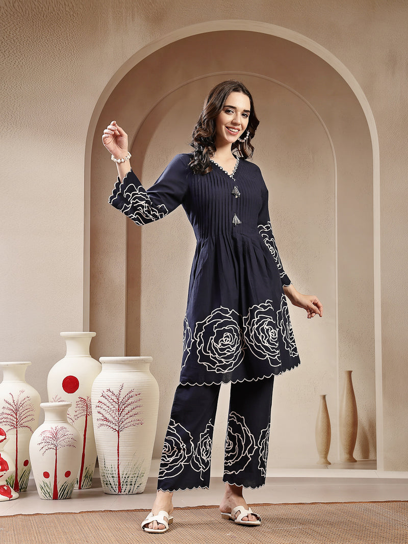 Stylum Women's Navy Blue Solid & Embroidered Cotton Co-Ord Set (CSNAVYZINPA)