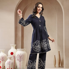 Stylum Women's Navy Blue Solid & Embroidered Cotton Co-Ord Set (CSNAVYZINPA)