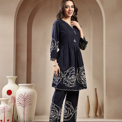 Stylum Women's Navy Blue Solid & Embroidered Cotton Co-Ord Set (CSNAVYZINPA)