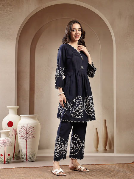 Stylum Women's Navy Blue Solid & Embroidered Cotton Co-Ord Set (CSNAVYZINPA)