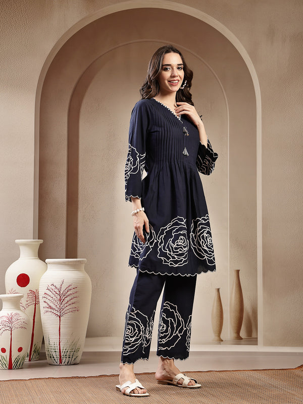 Stylum Women's Navy Blue Solid & Embroidered Cotton Co-Ord Set (CSNAVYZINPA)