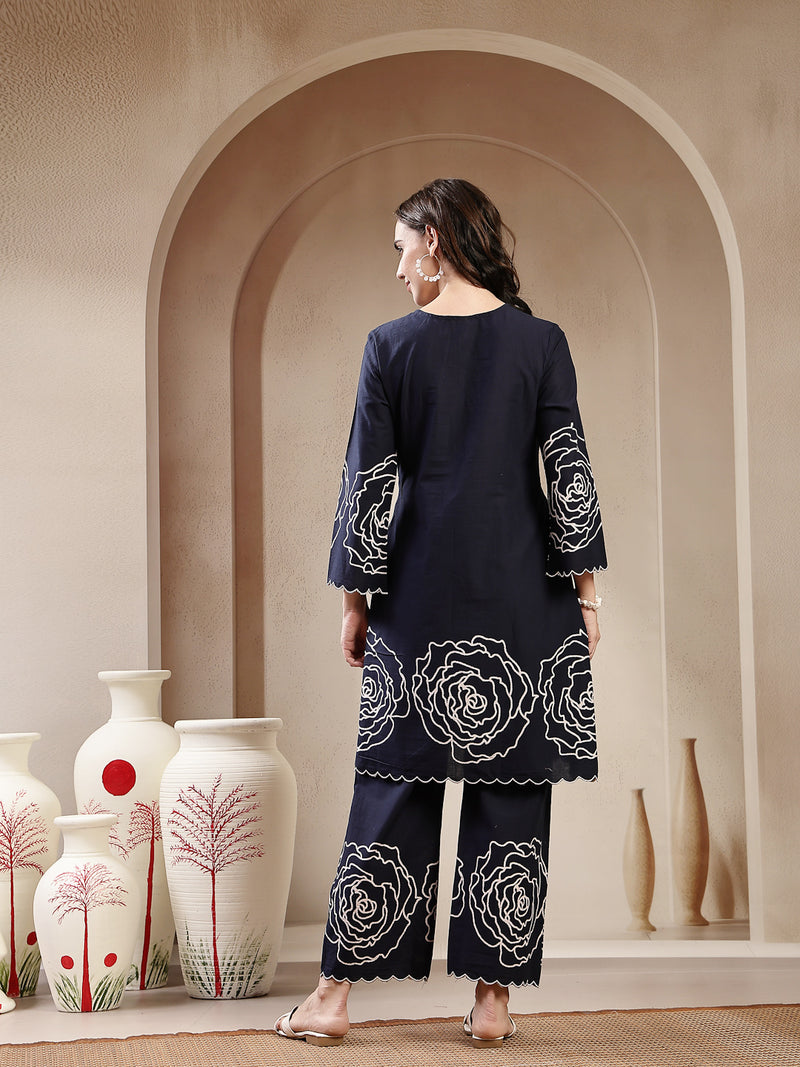 Stylum Women's Navy Blue Solid & Embroidered Cotton Co-Ord Set (CSNAVYZINPA)