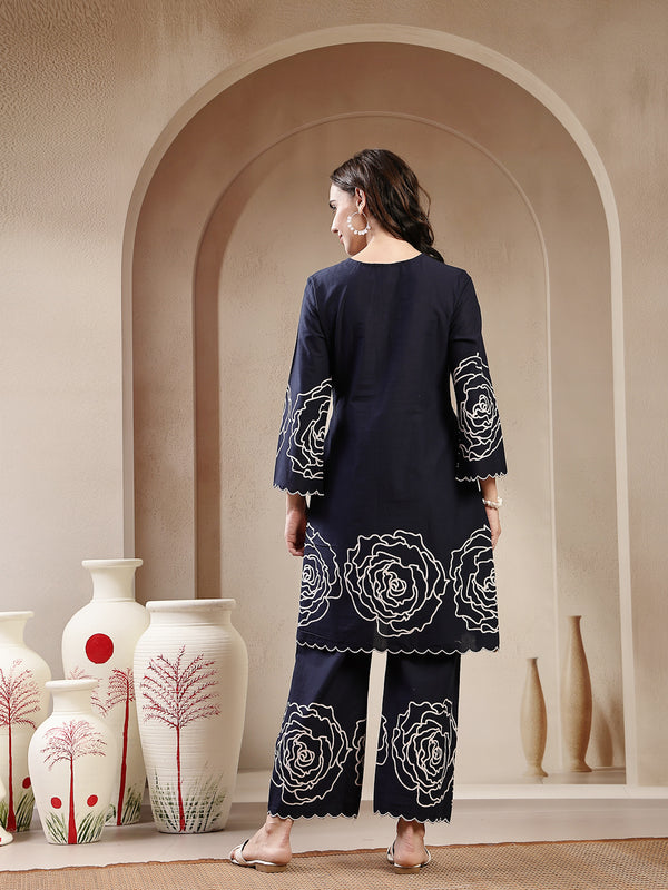 Stylum Women's Navy Blue Solid & Embroidered Cotton Co-Ord Set (CSNAVYZINPA)