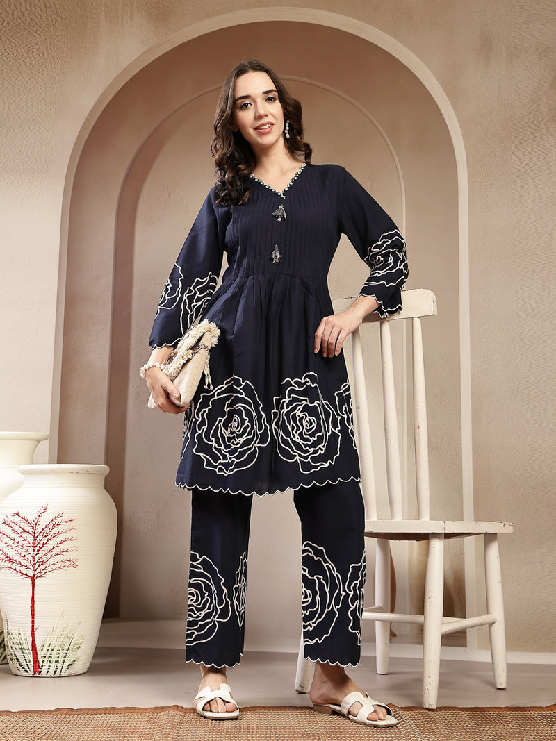 Stylum Women's Navy Blue Solid & Embroidered Cotton Co-Ord Set (CSNAVYZINPA)