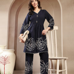 Stylum Women's Navy Blue Solid & Embroidered Cotton Co-Ord Set (CSNAVYZINPA)