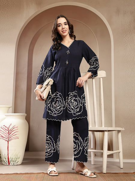 Stylum Women's Navy Blue Solid & Embroidered Cotton Co-Ord Set (CSNAVYZINPA)