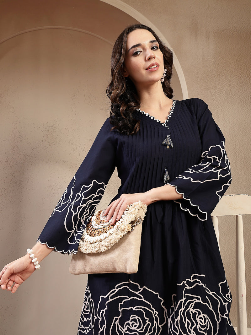 Stylum Women's Navy Blue Solid & Embroidered Cotton Co-Ord Set (CSNAVYZINPA)