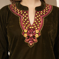 Stylum Women's Olive Solid & Embroidered Velvet Co-Ord Set (CSOLIVEDANDIYA)