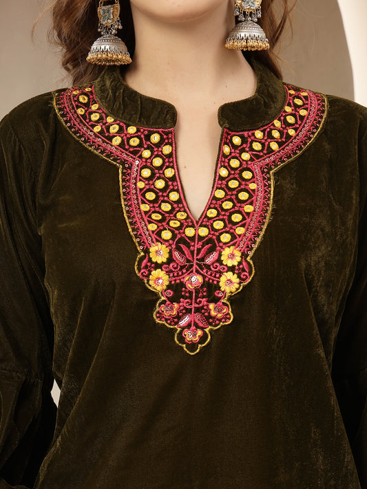 Stylum Women's Olive Solid & Embroidered Velvet Co-Ord Set (CSOLIVEDANDIYA)