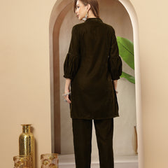 Stylum Women's Olive Solid & Embroidered Velvet Co-Ord Set (CSOLIVEDANDIYA)