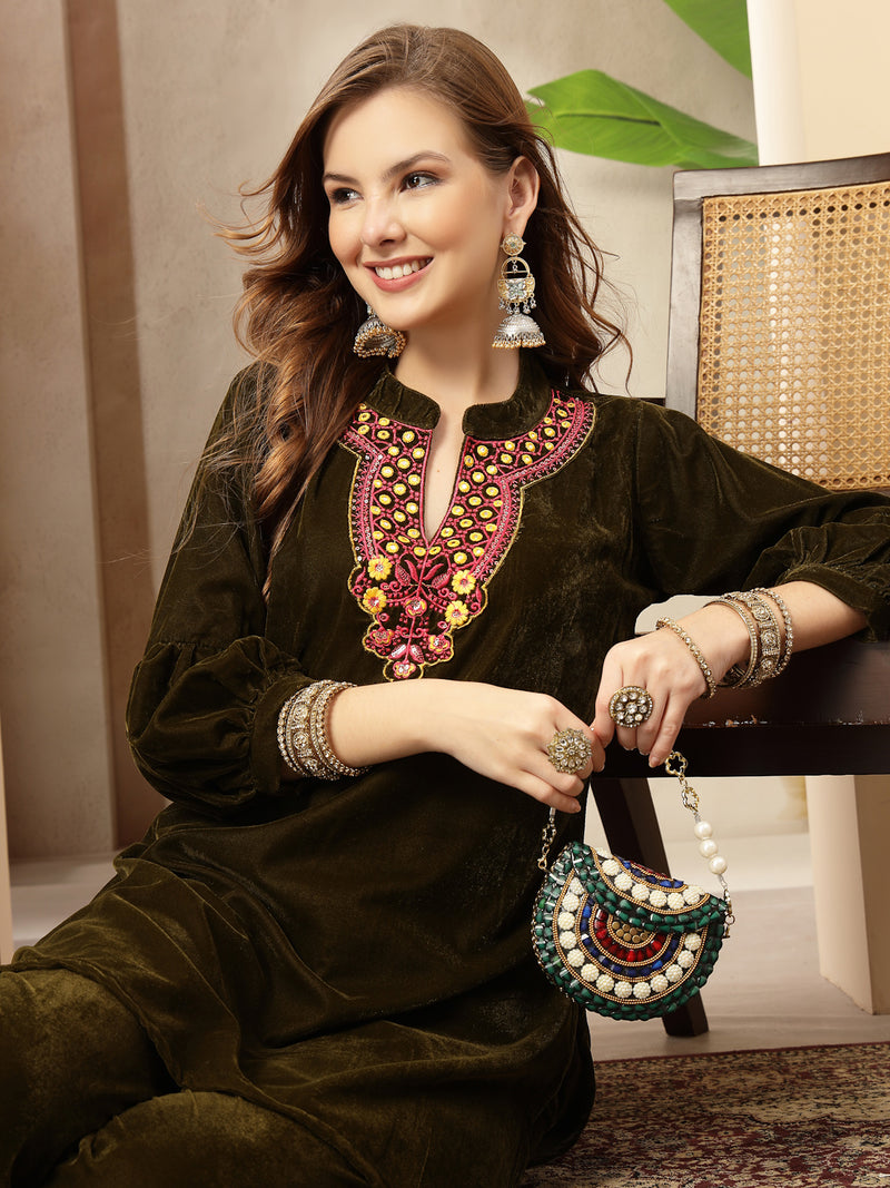 Stylum Women's Olive Solid & Embroidered Velvet Co-Ord Set (CSOLIVEDANDIYA)