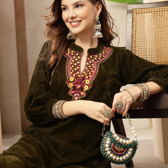 Stylum Women's Olive Solid & Embroidered Velvet Co-Ord Set (CSOLIVEDANDIYA)