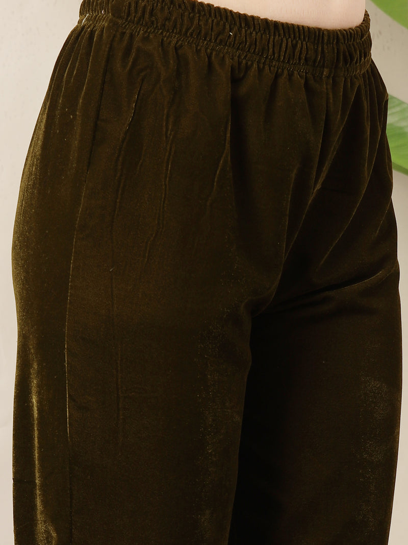Stylum Women's Olive Solid & Embroidered Velvet Co-Ord Set (CSOLIVEDANDIYA)