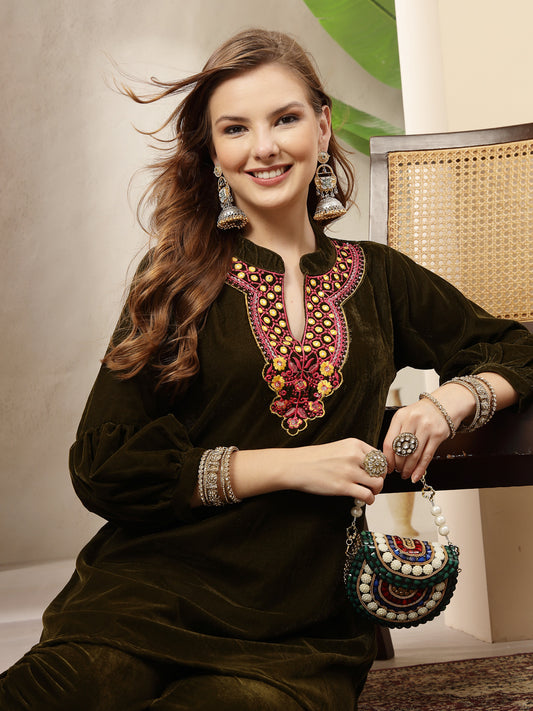 Stylum Women's Olive Solid & Embroidered Velvet Co-Ord Set (CSOLIVEDANDIYA)