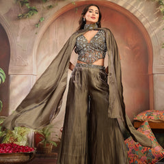 Stylum Women's Olive Solid & Embroidered Organza Co-Ord Set (CSOLIVEKANYA)