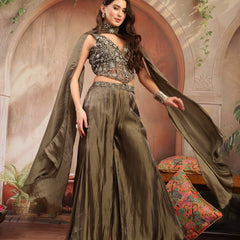 Stylum Women's Olive Solid & Embroidered Organza Co-Ord Set (CSOLIVEKANYA)