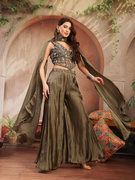 Stylum Women's Olive Solid & Embroidered Organza Co-Ord Set (CSOLIVEKANYA)