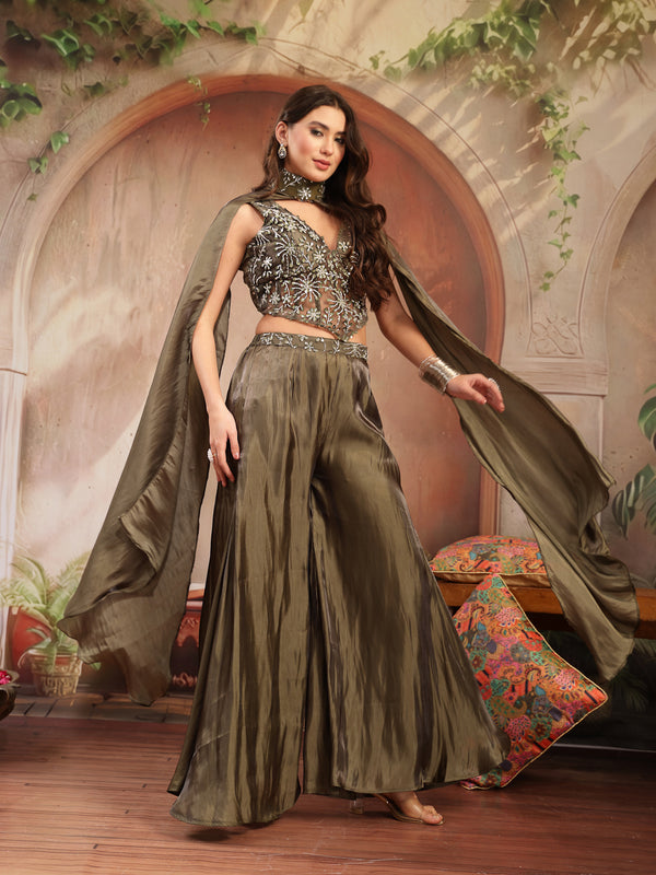 Stylum Women's Olive Solid & Embroidered Organza Co-Ord Set (CSOLIVEKANYA)