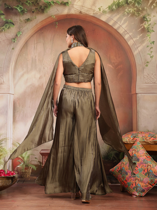 Stylum Women's Olive Solid & Embroidered Organza Co-Ord Set (CSOLIVEKANYA)