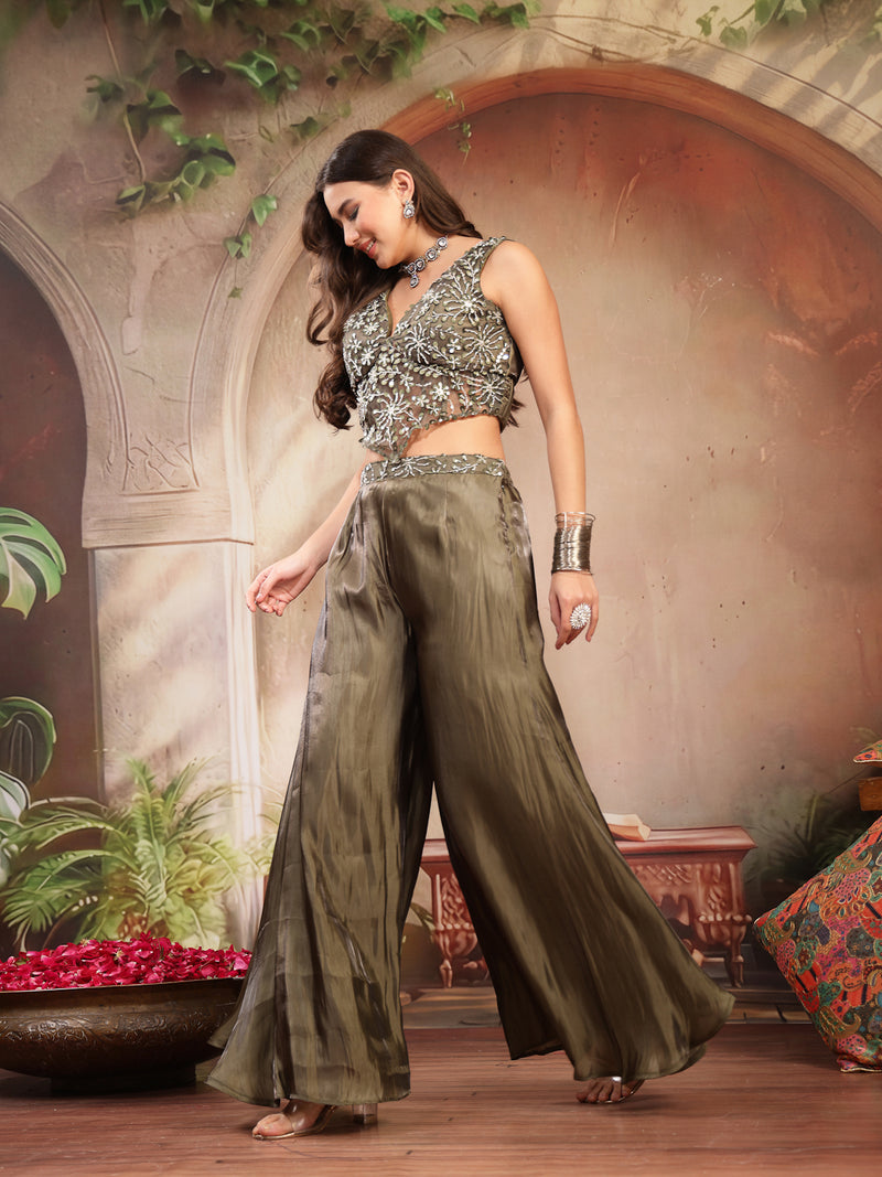 Stylum Women's Olive Solid & Embroidered Organza Co-Ord Set (CSOLIVEKANYA)