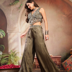 Stylum Women's Olive Solid & Embroidered Organza Co-Ord Set (CSOLIVEKANYA)