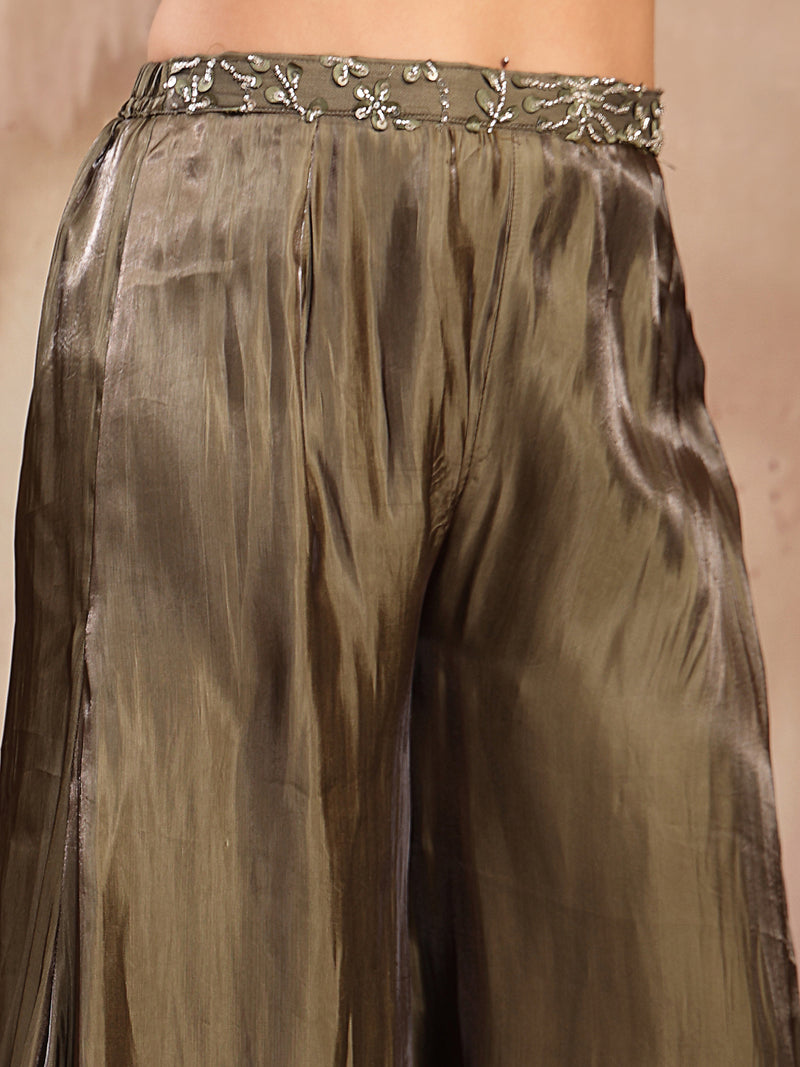 Stylum Women's Olive Solid & Embroidered Organza Co-Ord Set (CSOLIVEKANYA)