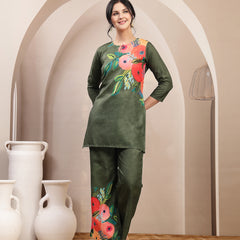 Stylum Women's Olive Hand Painted Cotton Flex Straight Co-Ord Set (CSOLIVESAMAR)