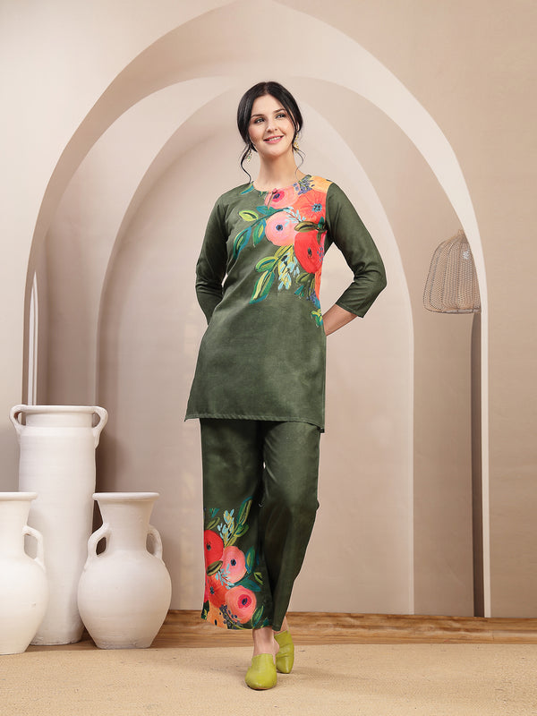 Stylum Women's Olive Hand Painted Cotton Flex Straight Co-Ord Set (CSOLIVESAMAR)